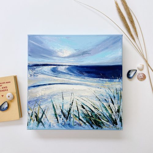My Cherished Calm original oil painting. Coastal view, sweeping beach, tidal patterns, dune grasses