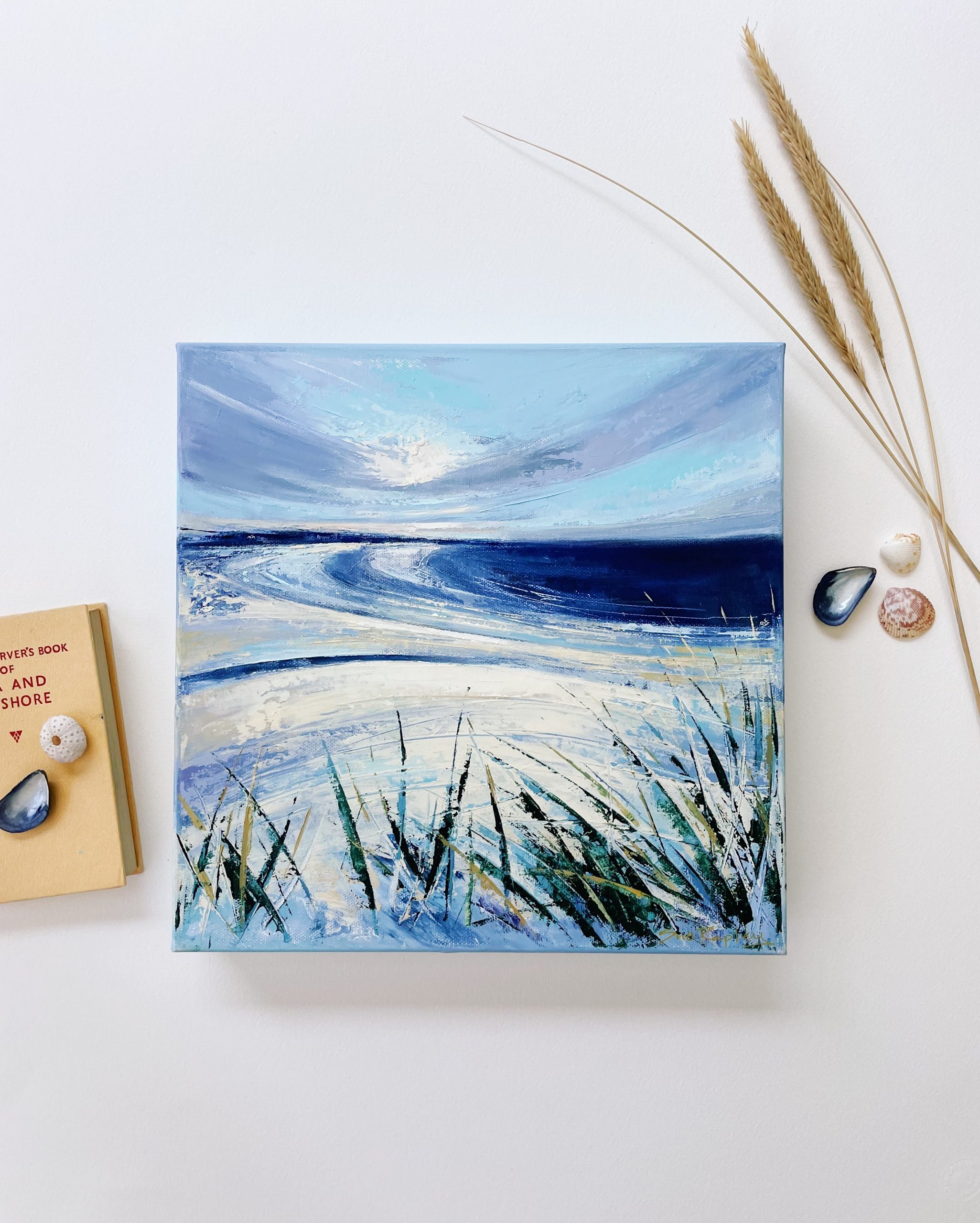 My Cherished Calm original oil painting. Coastal view, sweeping beach, tidal patterns, dune grasses