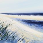 Wild and Windswept - Detail to show artist signature - clear blue sky, the palest sandy beach stretching into the distance, with tidal pools in view
